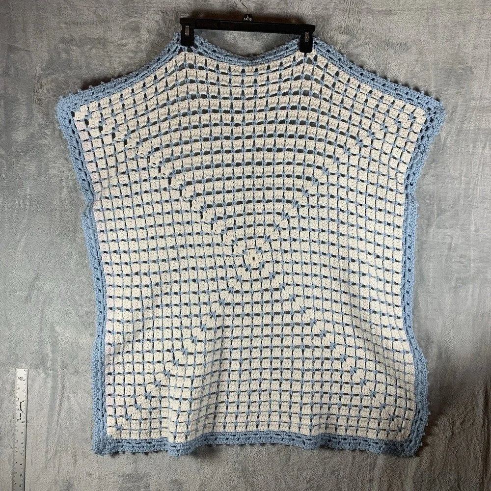 Crochet Baby Blanket Handmade White Blue‎ Afghan Box Stitch